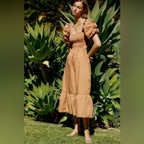 Anthropologie Faithfull the Brand Bloom Smock Midi Dress Hazelnut - Size 10/XL - Picture 2 of 11